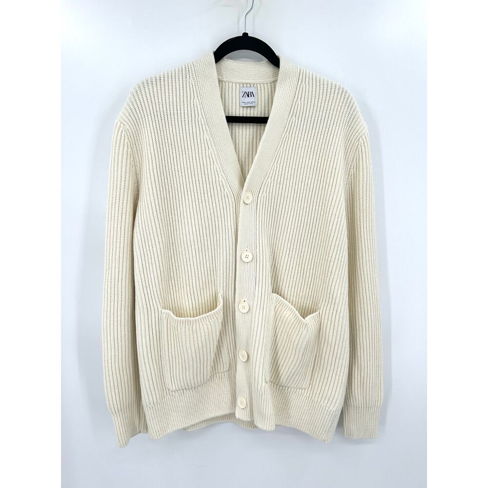 ZARA Men's Ribbed Knit Button Front Cardigan Sweater Cream Ivory Size Medium